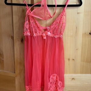 Elegant Coral Lace Babydoll Lingerie Set